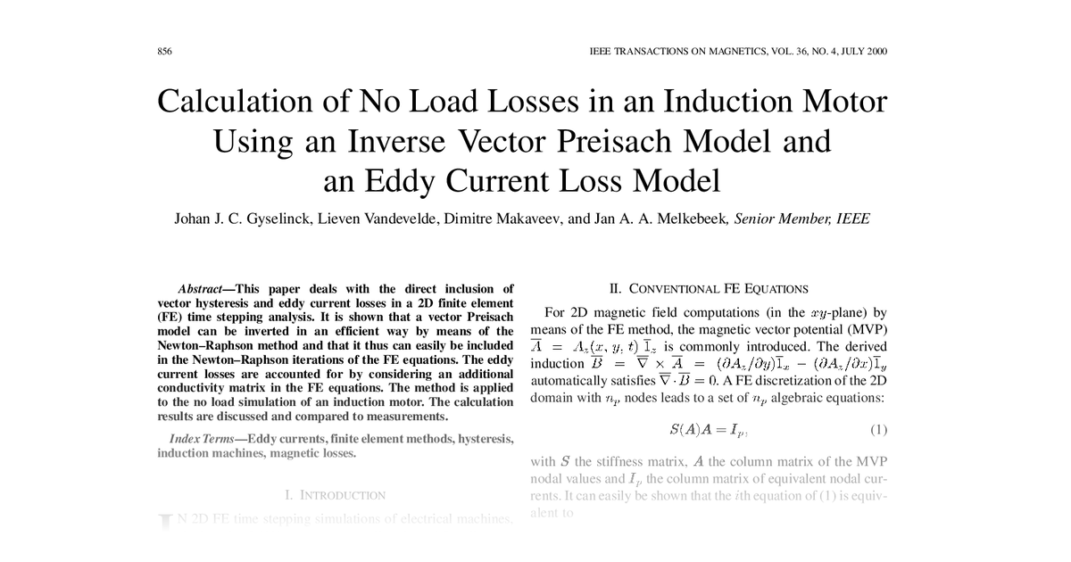 Calculation of no load losses in an induction motor using an inverse