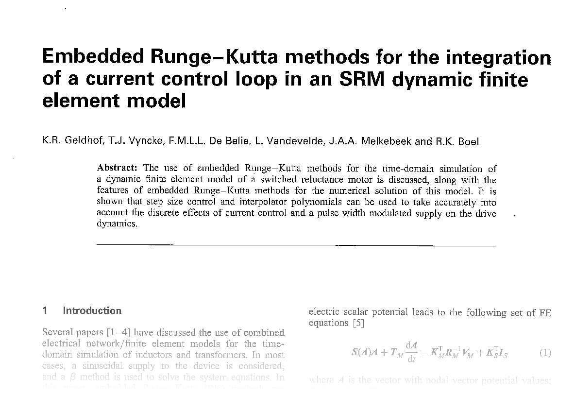 Embedded Runge-Kutta methods for the integration of a current control loop in an SRM dynamic finite element model