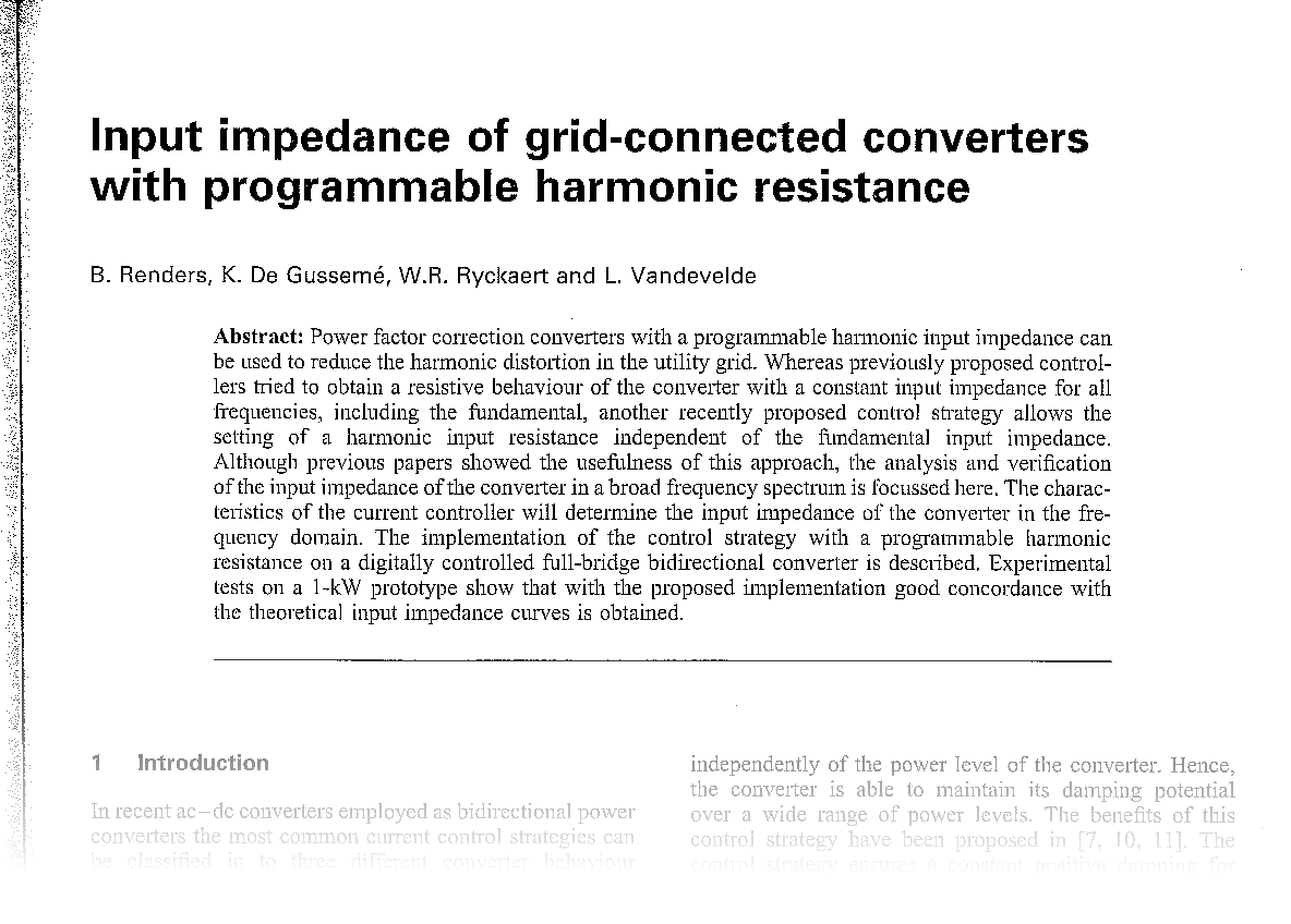 Input impedance of grid-connected converters with programmable harmonic resistance