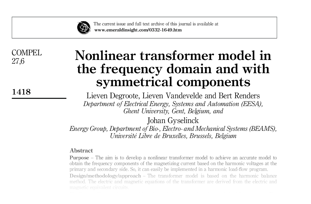 Nonlinear transformer model in the frequency domain and with symmetrical components
