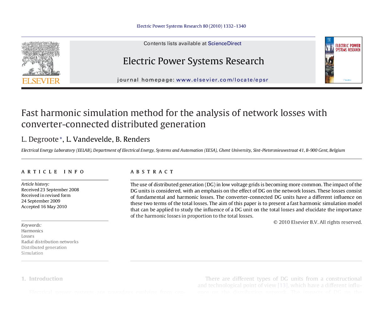 Fast Harmonic Simulation Method for the Analysis of Network Losses with Converter-Connected Distributed Generation