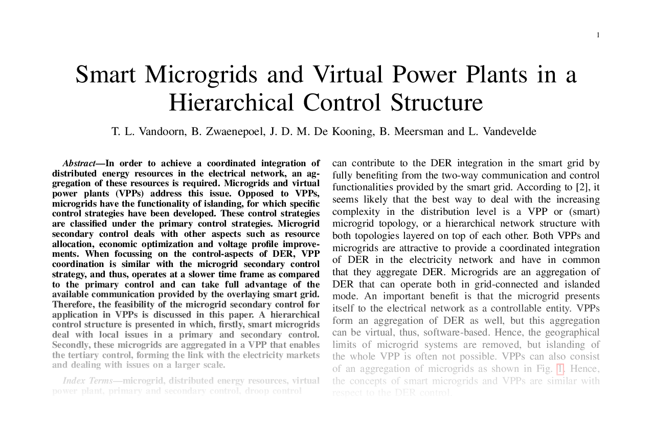 Smart Microgrids and Virtual Power Plants in a Hierarchical Control Structure