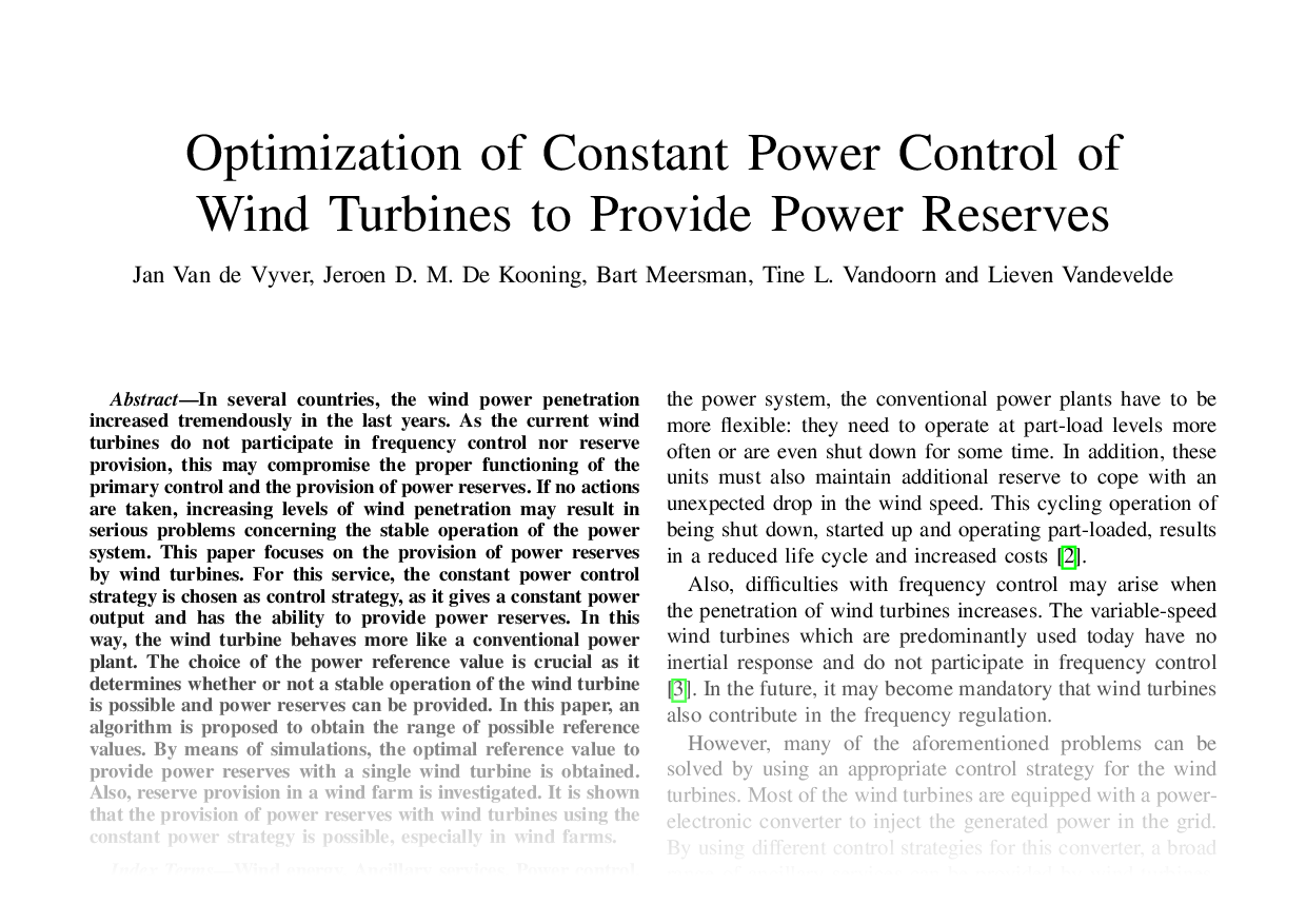 Optimization of Constant Power Control of Wind Turbines to Provide Power Reserves