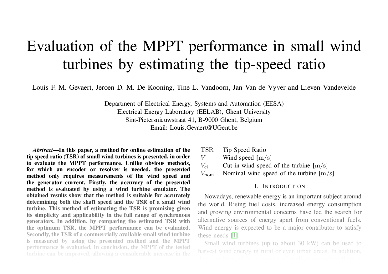 Evaluation of the MPPT performance in small wind turbines by estimating the tip-speed ratio