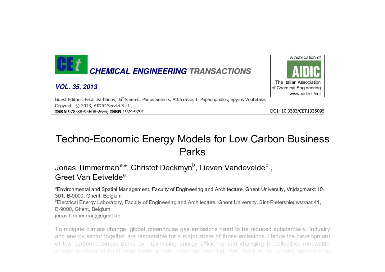 Techno-Economic Energy Models for Low Carbon Business Parks