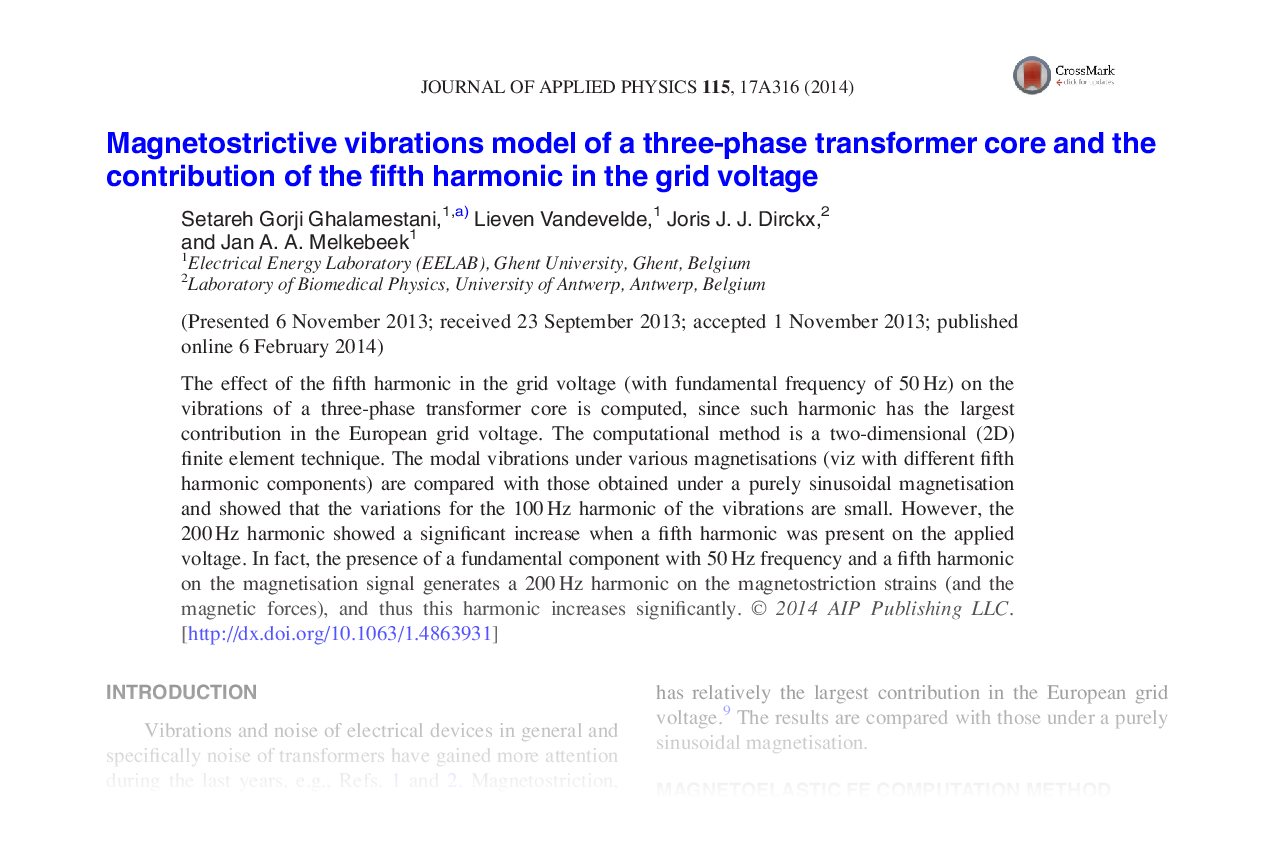 Magnetostrictive vibrations model of a three-phase transformer core and the contribution of the fifth harmonic in the grid voltage