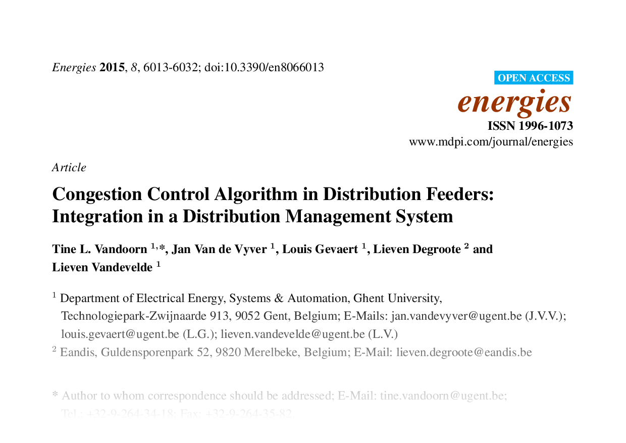 Congestion Control Algorithm in Distribution Feeders: Integration in Distribution Management System