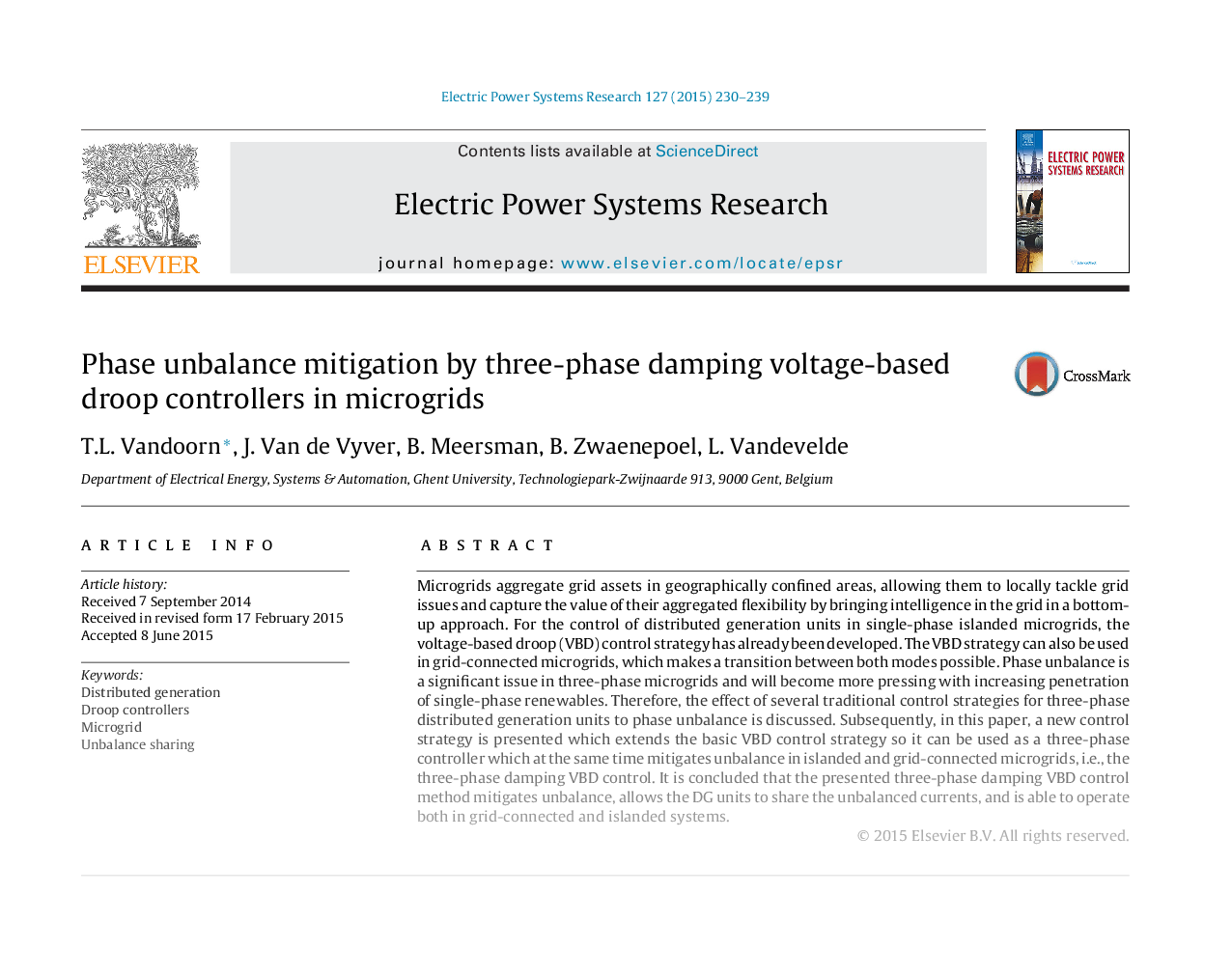 Phase unbalance mitigation by three-phase damping voltage-based droop controllers in microgrids