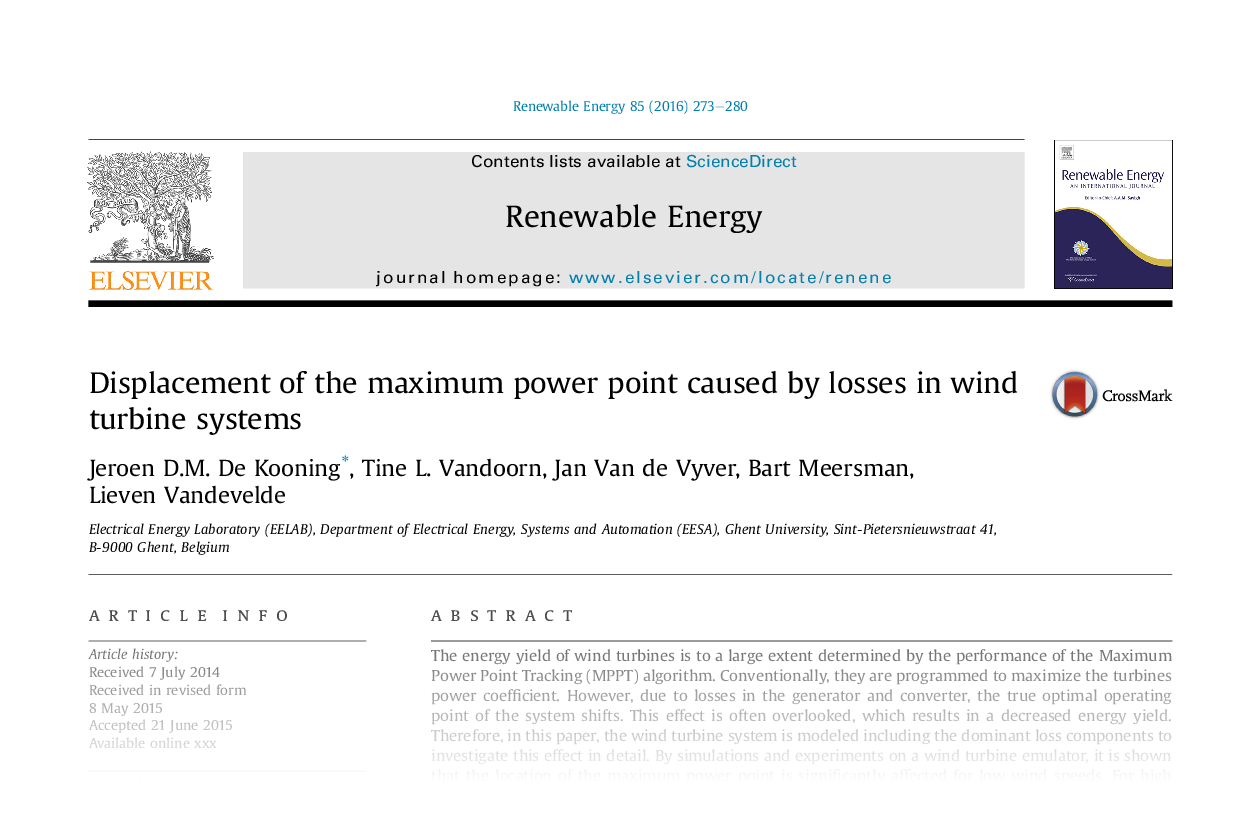 Displacement of the maximum power point caused by losses in wind turbine systems