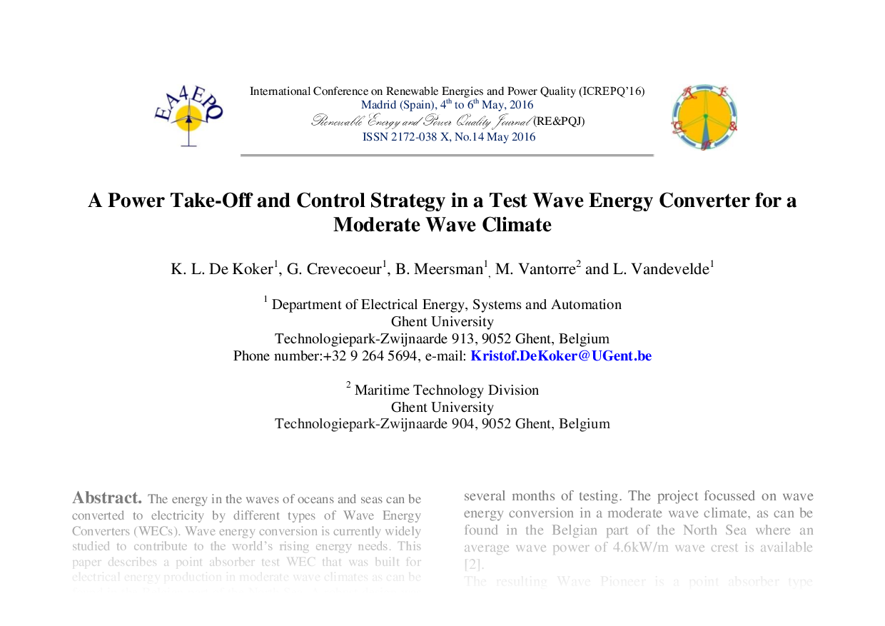 A Power Take-Off and Control Strategy in a Test Wave Energy Converter for a Moderate Wave Climate