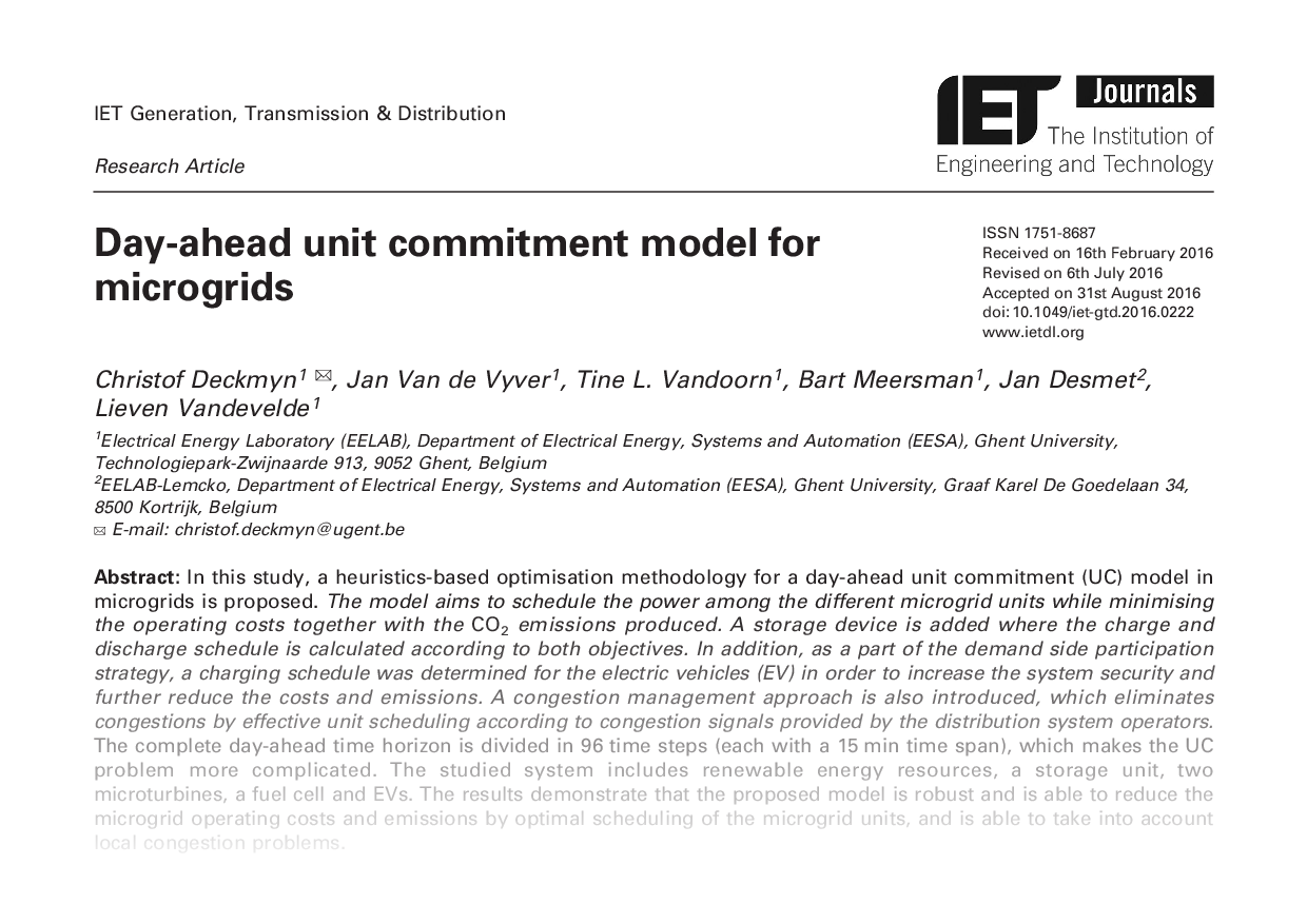 Day-ahead unit commitment model for microgrids