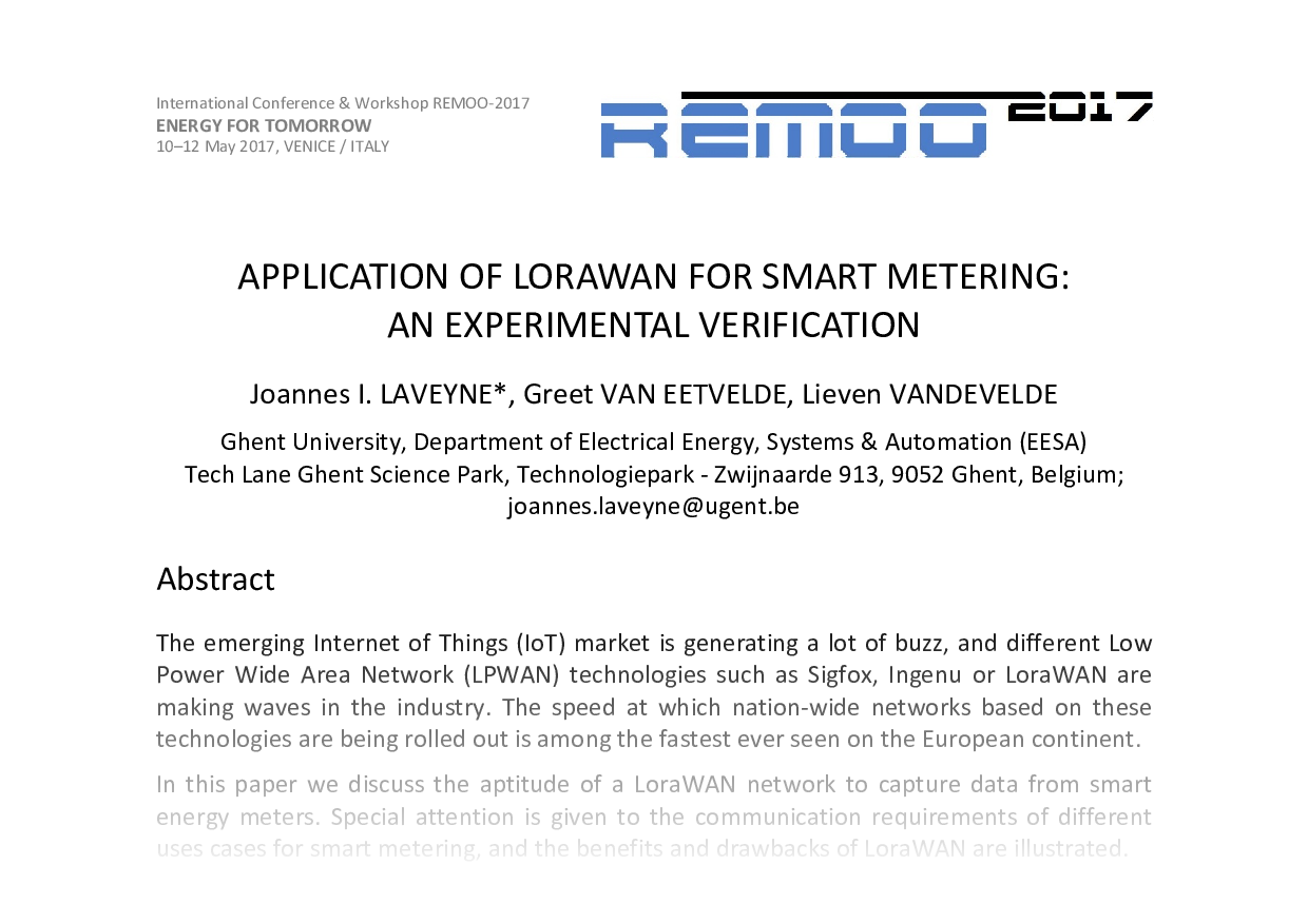 Application of LoRaWAN for smart metering: an experimental verification