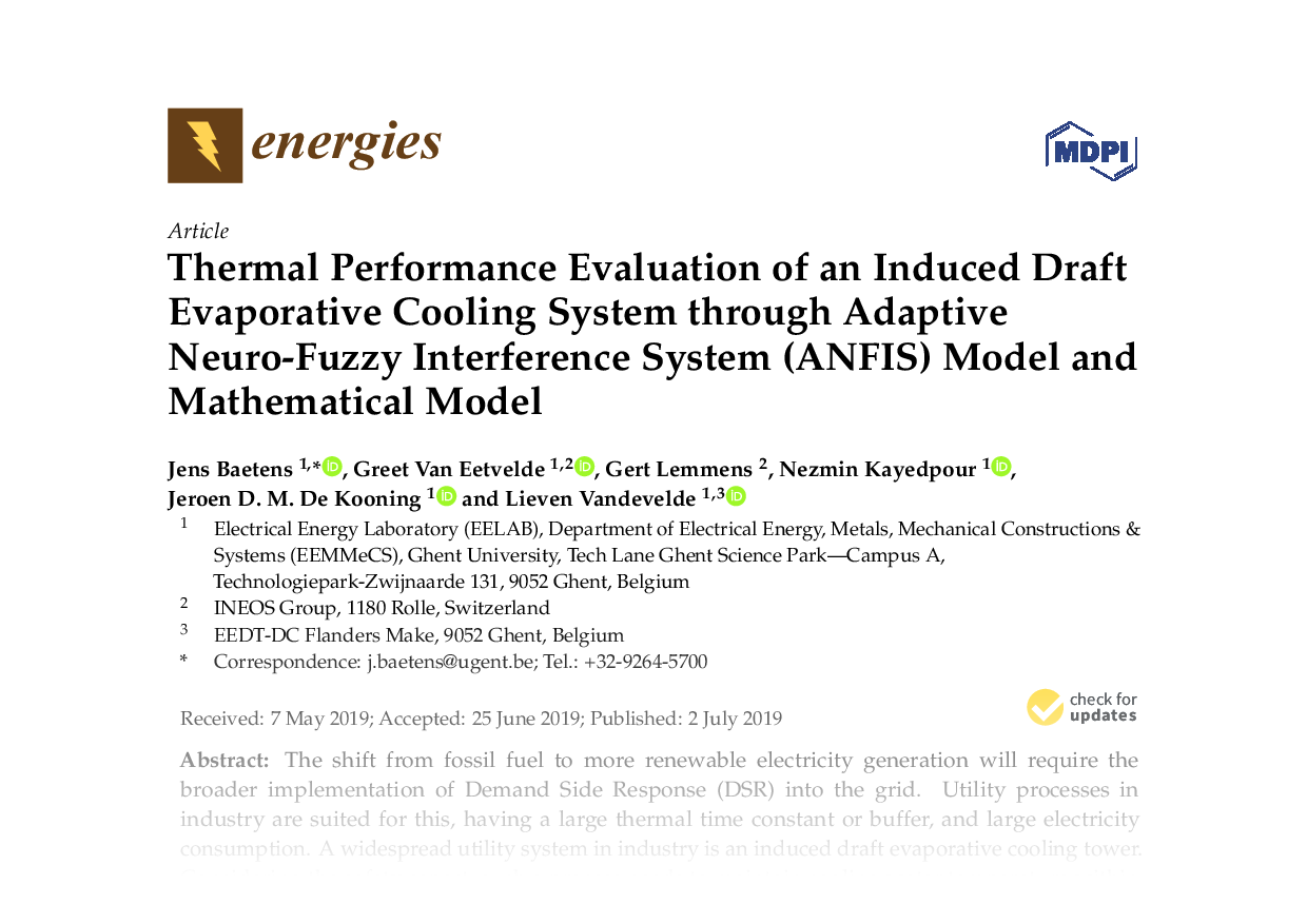 Thermal Performance Evaluation of an Induced Draft Evaporative Cooling System through Adaptive Neuro-Fuzzy Interference System (ANFIS) Model and Mathematical Model