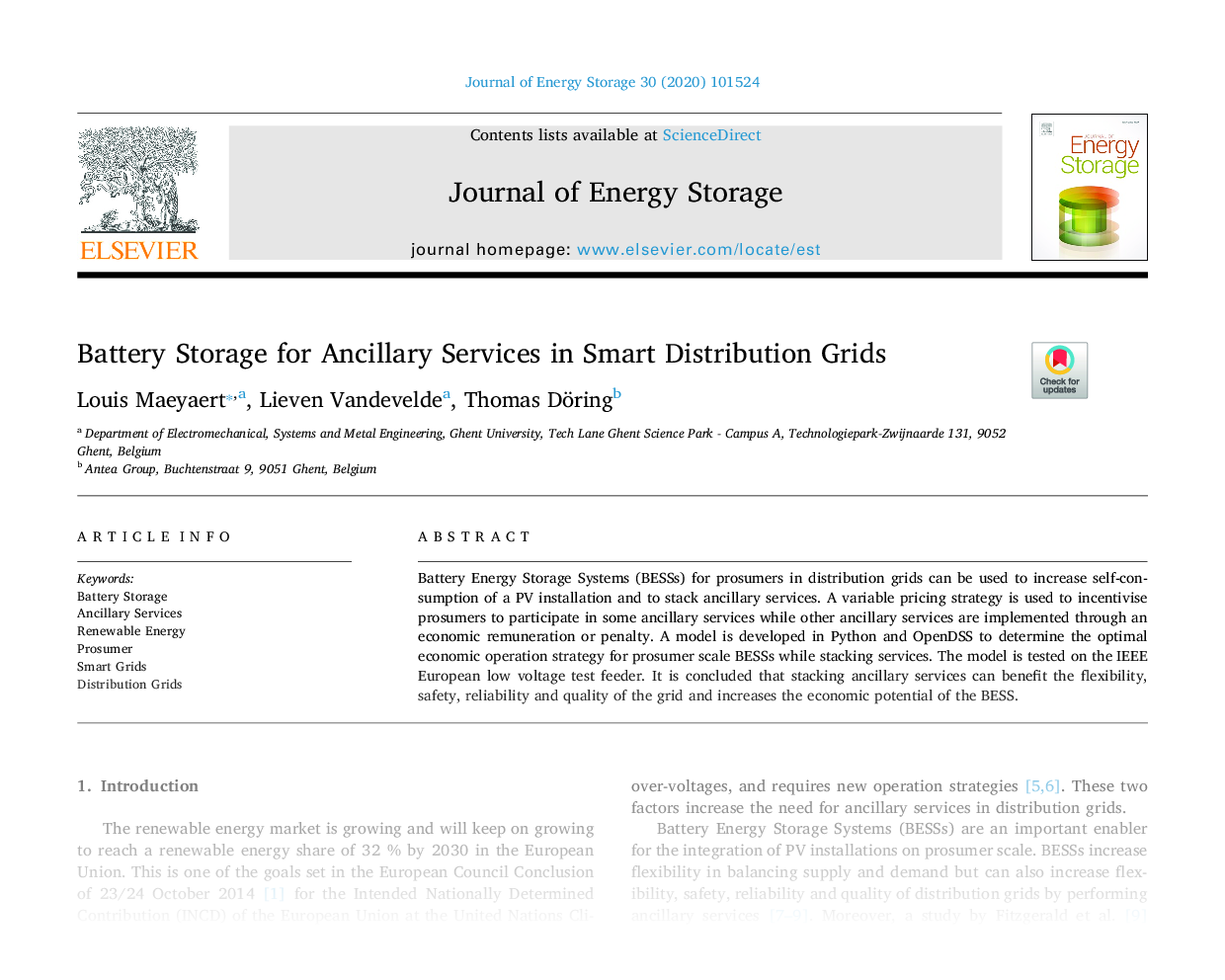 Battery Storage for Ancillary Services in Smart Distribution Grids