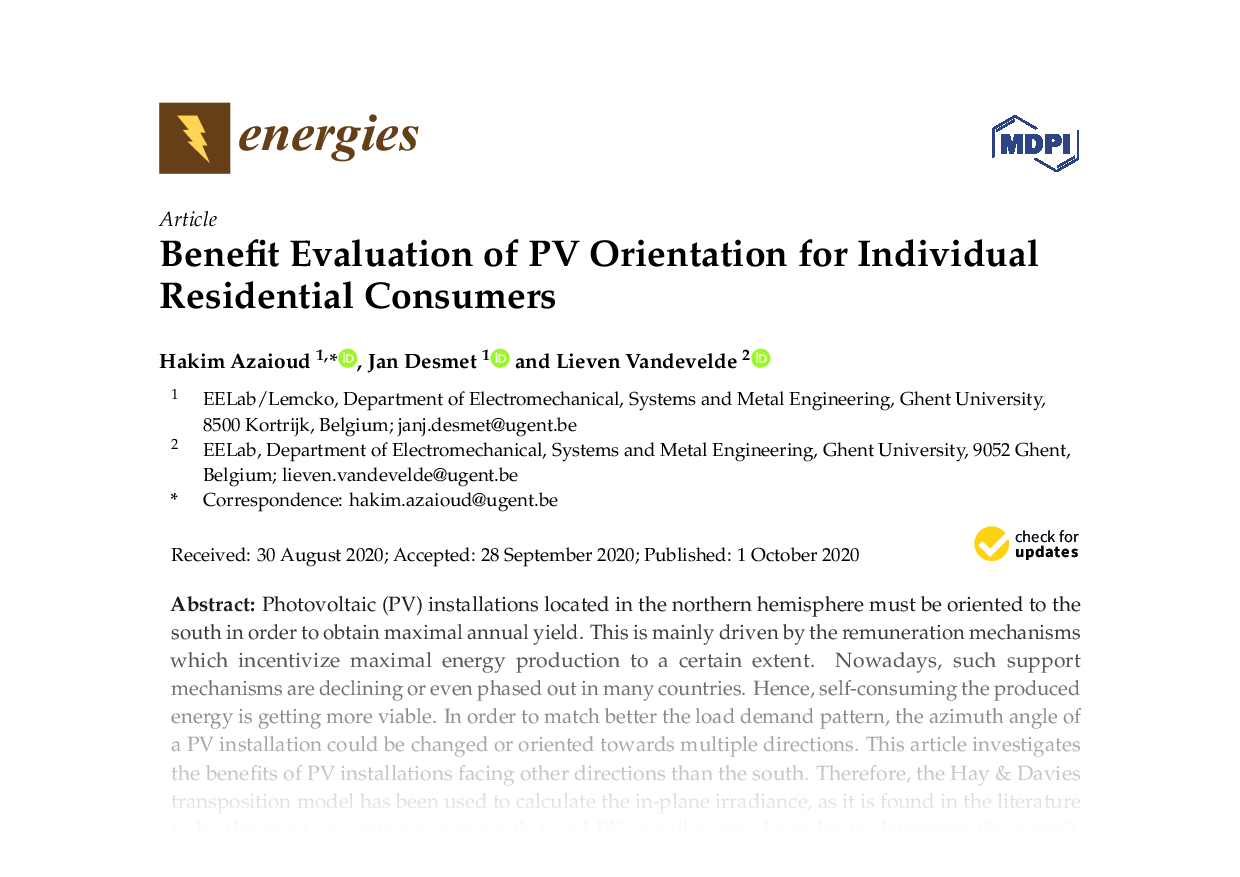 Benefit Evaluation of PV Orientation for Individual Residential Consumers