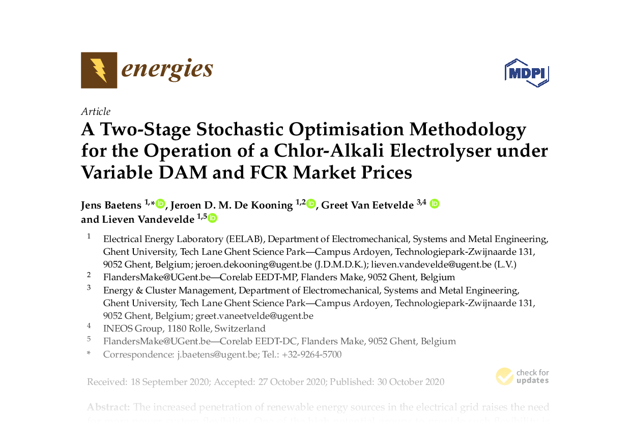 A Two-Stage Stochastic Optimisation Methodology for the Operation of a Chlor-Alkali Electrolyser Under Variable DAM and FCR Market Prices