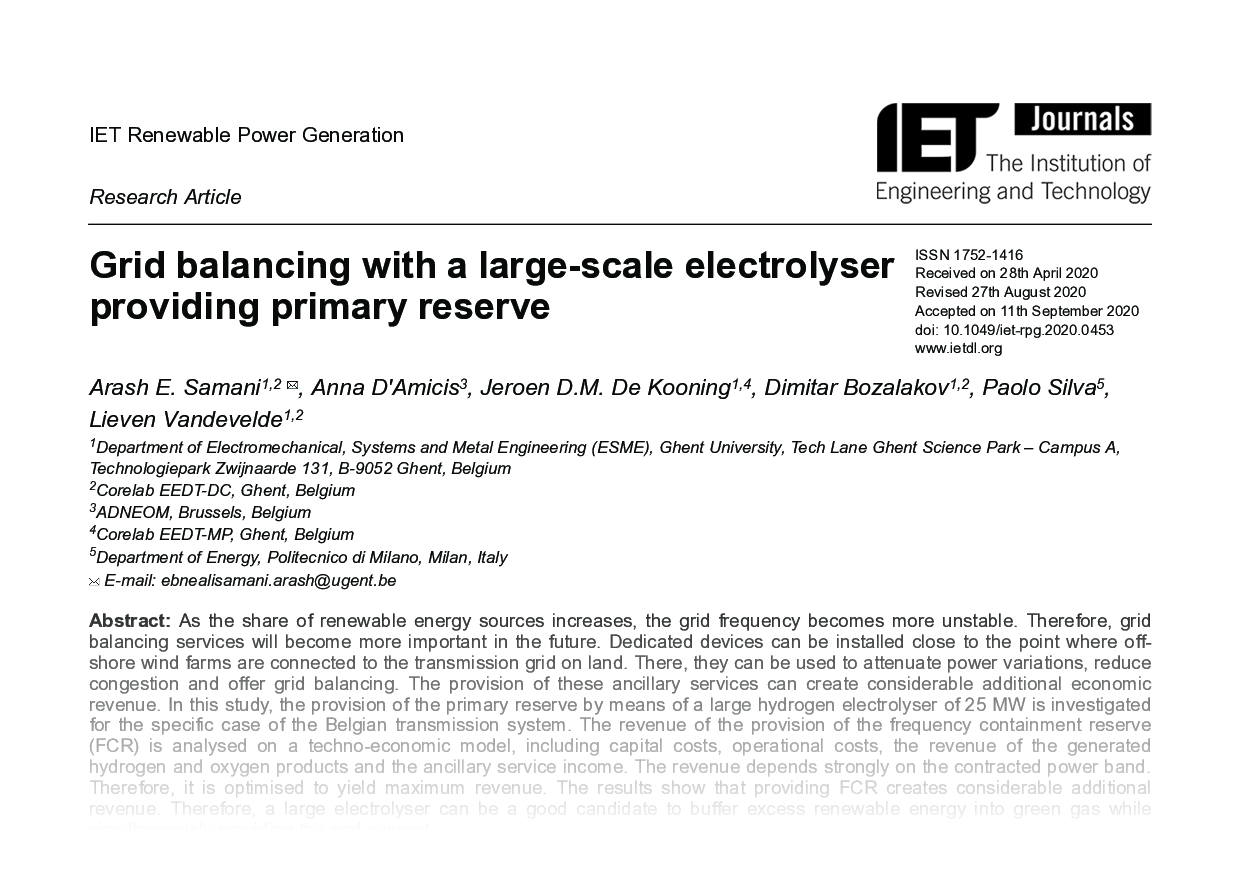 Grid Balancing with a Large-Scale Electrolyser Providing Primary Reserve