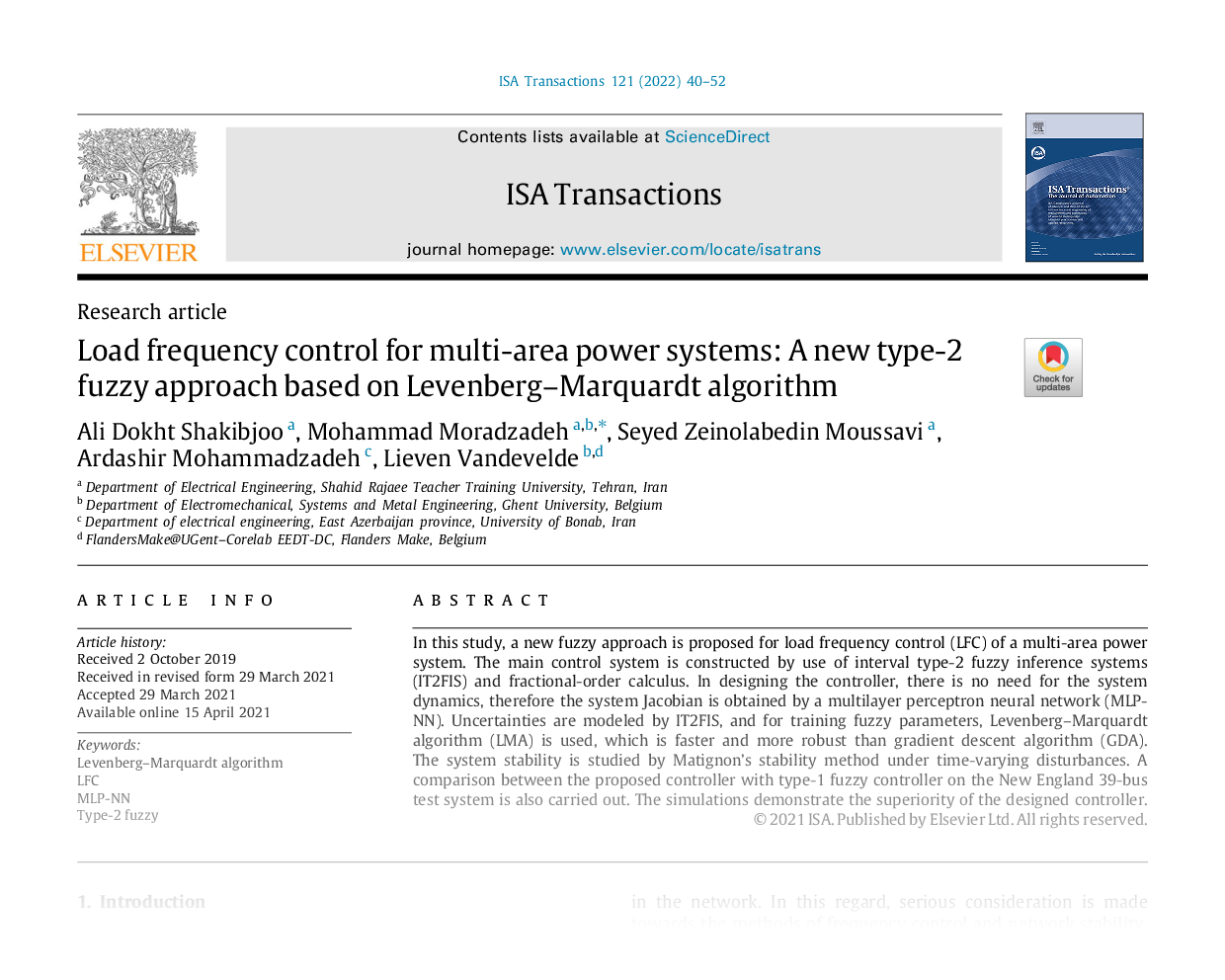 Load frequency control for multi-area power systems: A new type-2 fuzzy approach based on Levenberg–Marquardt algorithm