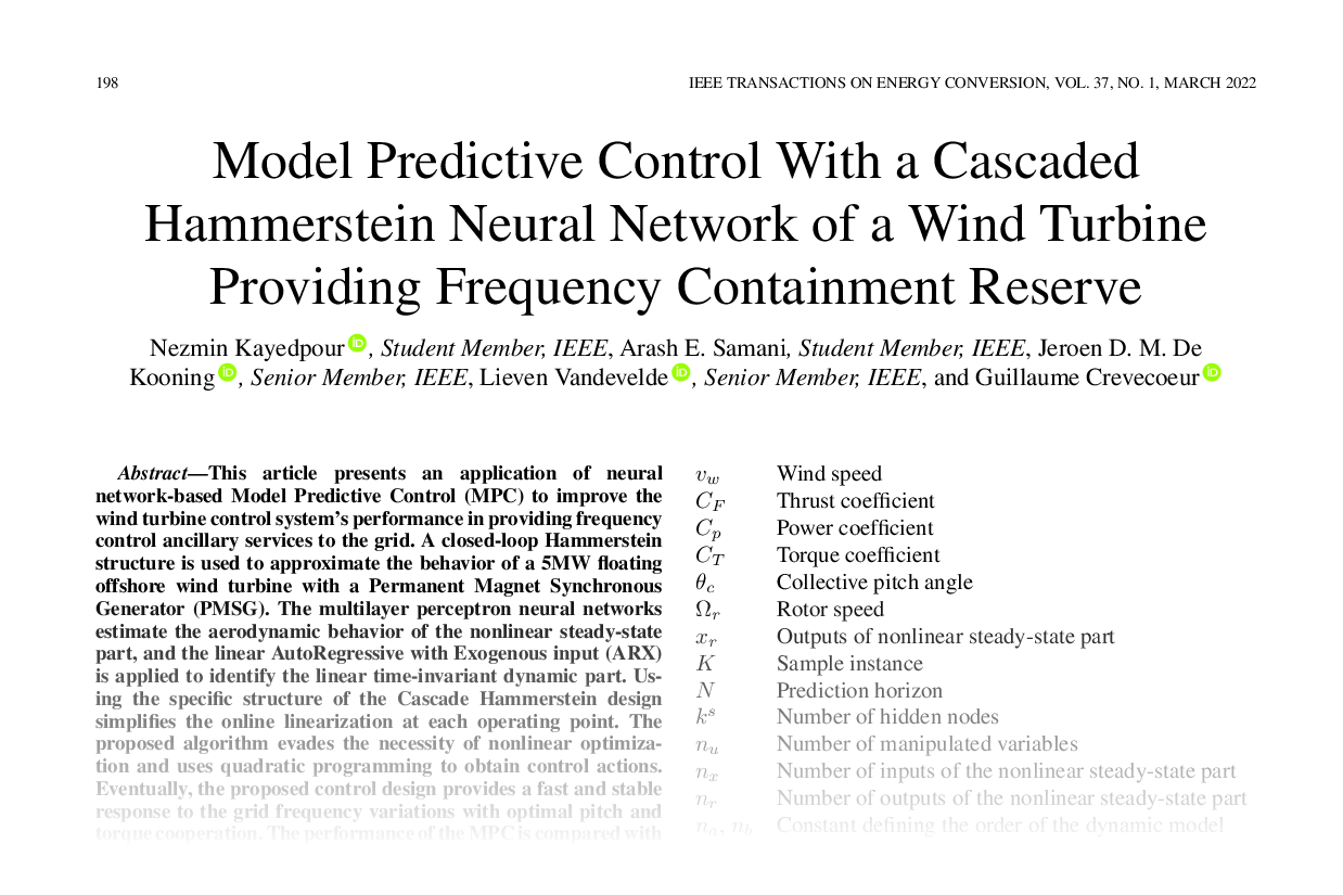 Model Predictive Control with a Cascaded Hammerstein Neural Network of a Wind Turbine Providing Frequency Containment Reserve