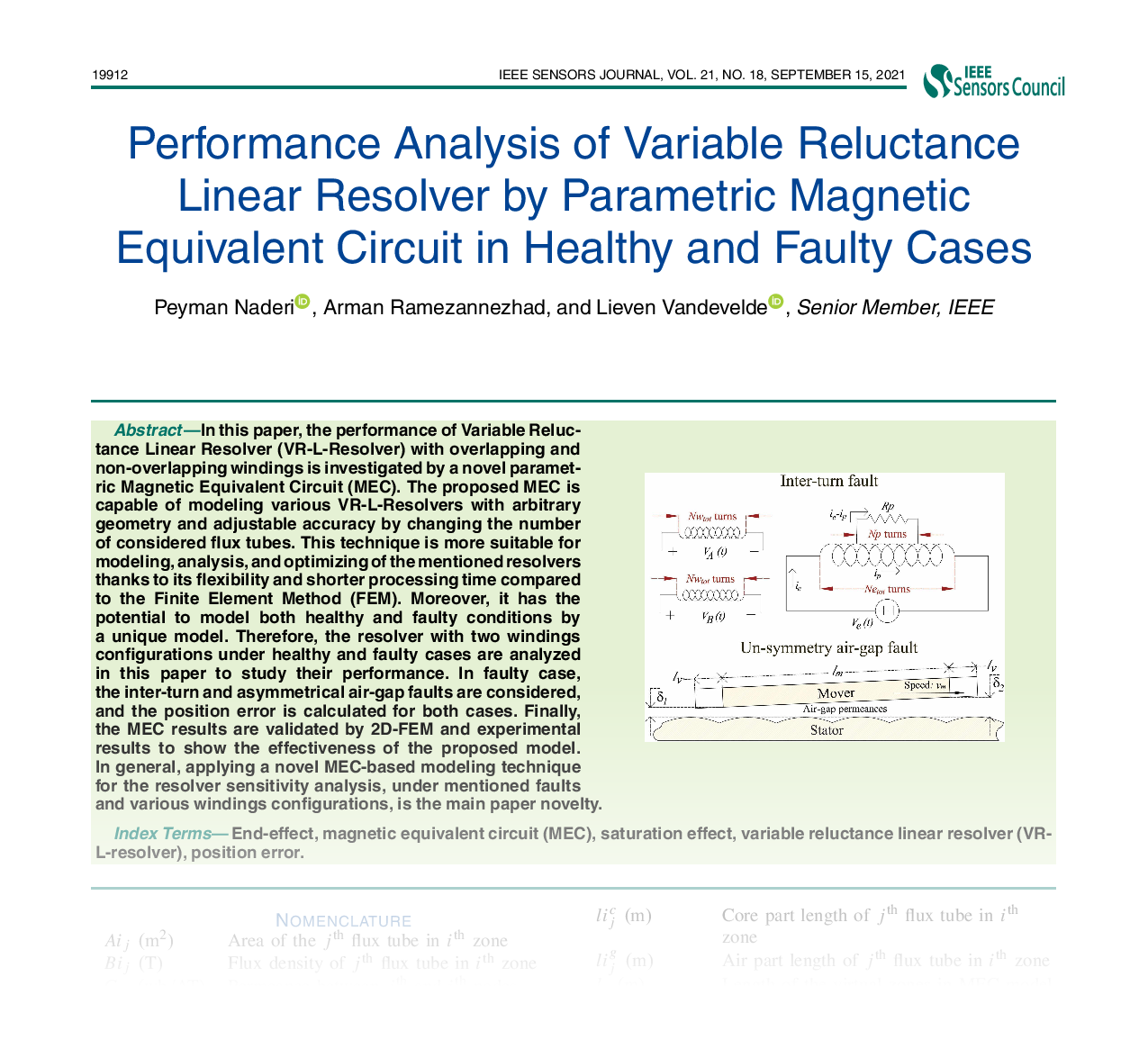 Performance Analysis of Variable Reluctance Linear Resolver by Parametric Magnetic Equivalent Circuit in Healthy and Faulty Cases