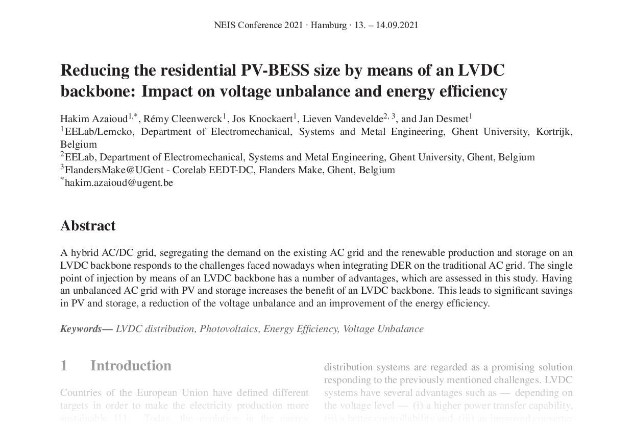 Reducing the residential PV-BESS size by means of an LVDC backbone: Impact on voltage unbalance and energy efﬁciency