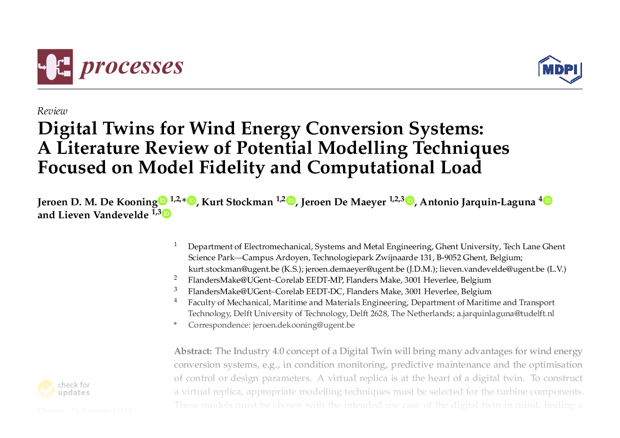 Digital Twins for Wind Energy Conversion Systems: A Literature Review of Potential Modelling Techniques Focussed on Model Fidelity and Computational Load
