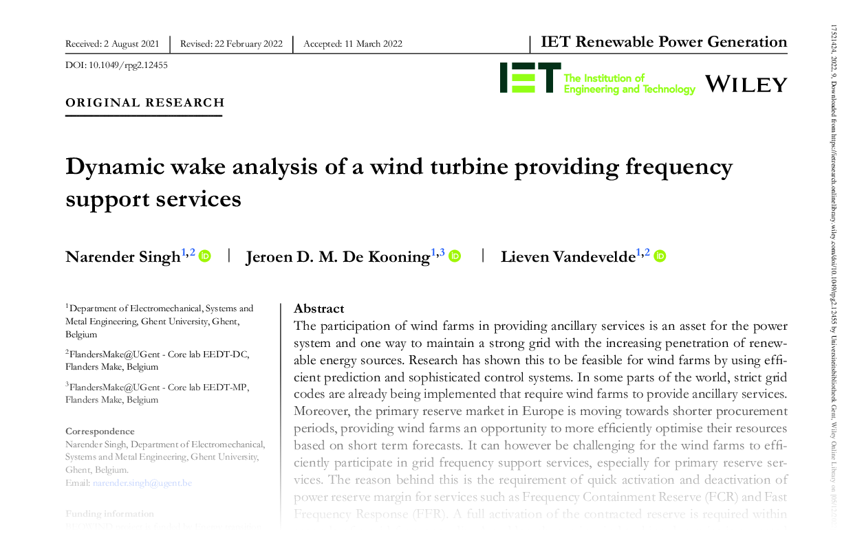 Dynamic Wake Analysis of a Wind Turbine Providing Frequency Support Services