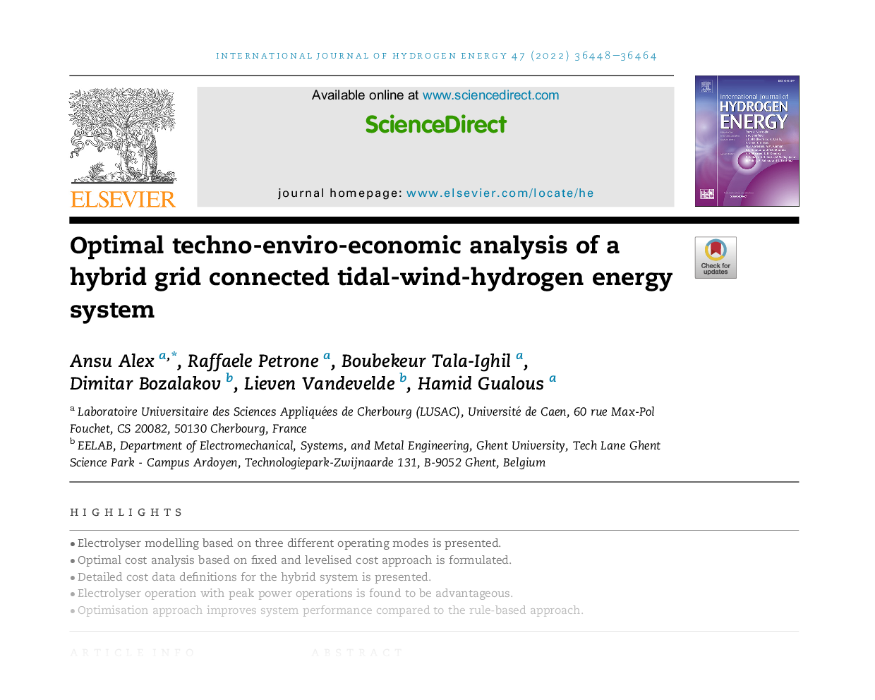Optimal techno-enviro-economic analysis of a hybrid grid connected tidal-wind-hydrogen energy system