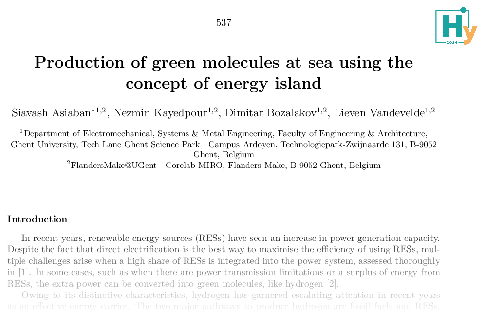 Production of green molecules at sea using the concept of energy island