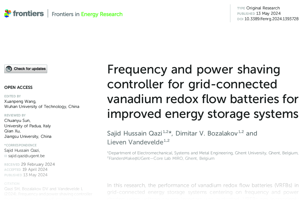 Frequency and power shaving controller for grid connected vanadium redox flow batteries for improved energy storage systems