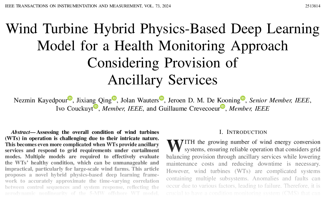 Wind Turbine Hybrid Physics-based Deep Learning Model for a Health Monitoring Approach Considering Provision of Ancillary Services